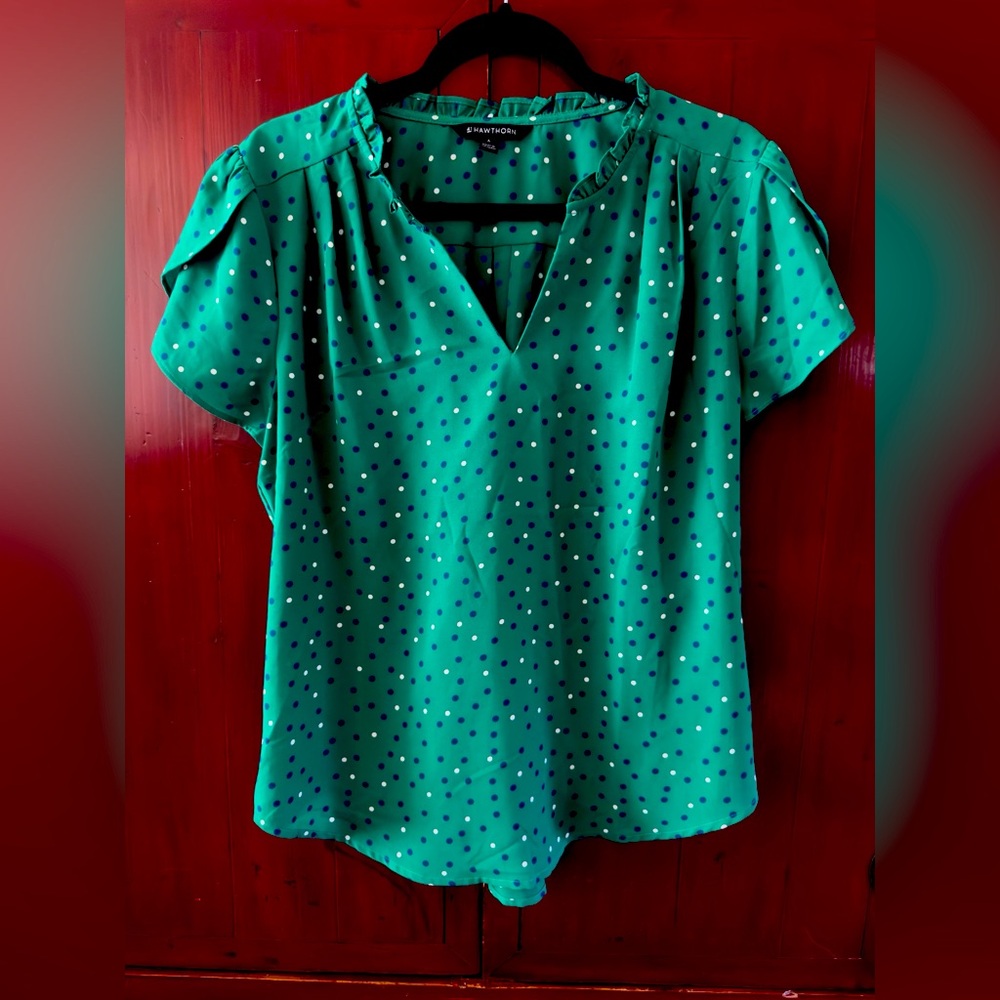 41 Hawthorne Blouse Flutter Sleeve Small Ruffle Collar V-Neck Polka Dot Like New